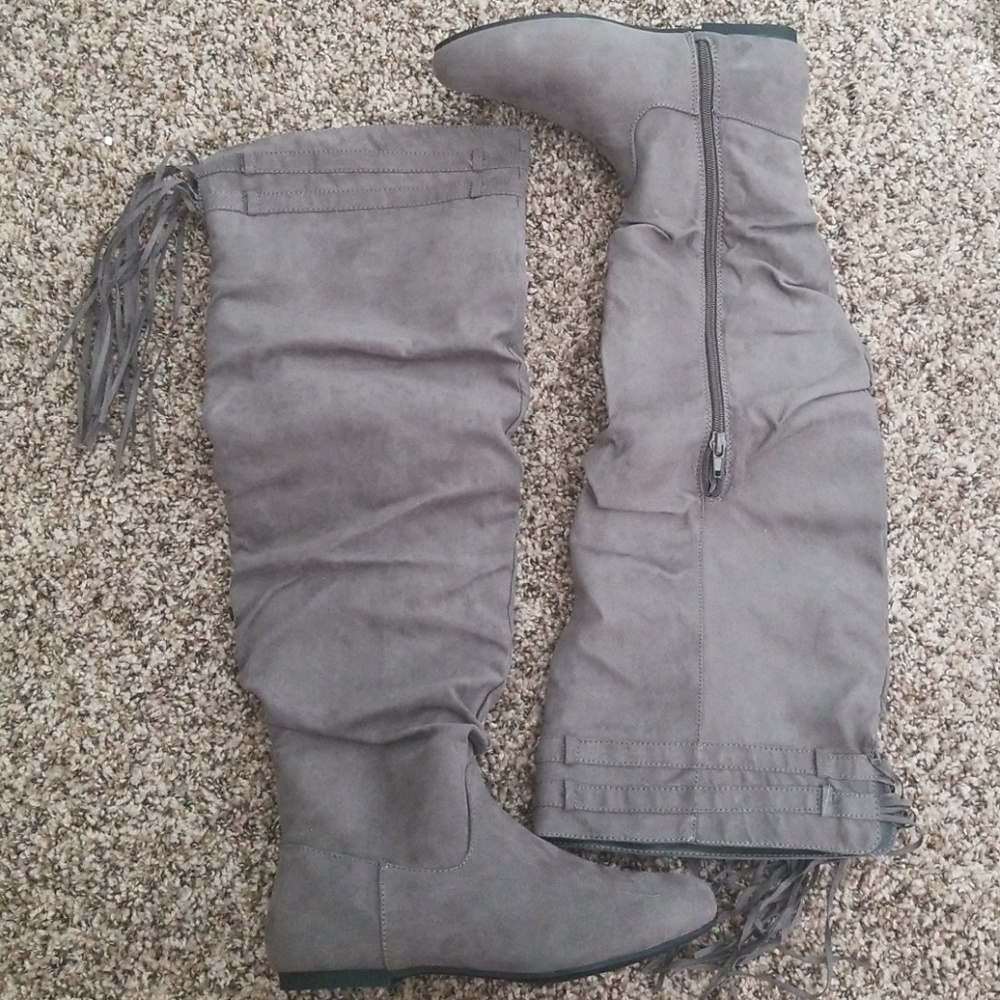 Grey knee high boots, wide calf